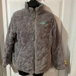 Girls NORTHFACE mossbud swirl reversible faux fur coat, grey/teal, size XL